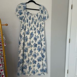 Blue & White Floral Smocked Midi Dress